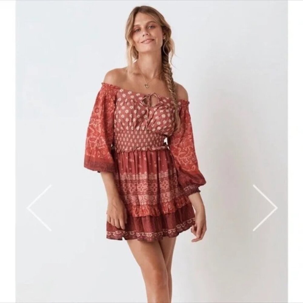 Boho Off-Shoulder Rust Mini Dress with Smocked Bodice - Picture 2 of 8